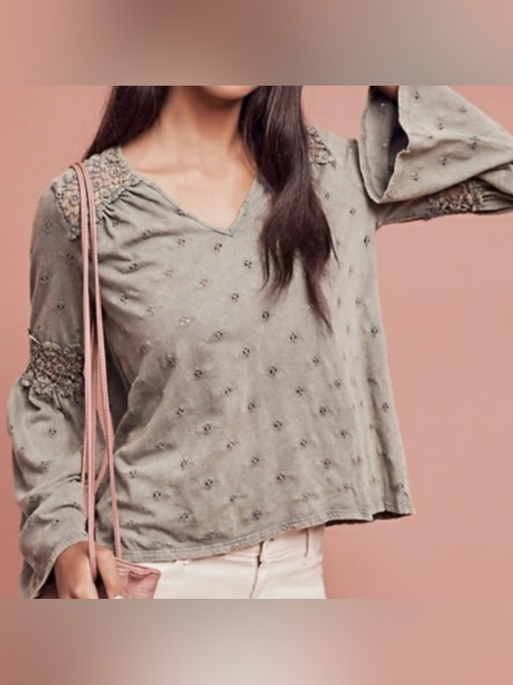 Anthropologie Eri + Ali 100% Cotton Bell Sleeve Crochet-Accent Top Like New S - Picture 7 of 9